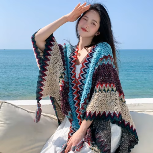 Mexican Poncho Ethnic Style Cape Oversized Sweater Jacket Women Fashion New Loose Patchwork Warm Long Scarf Knitted Cardigan Woman